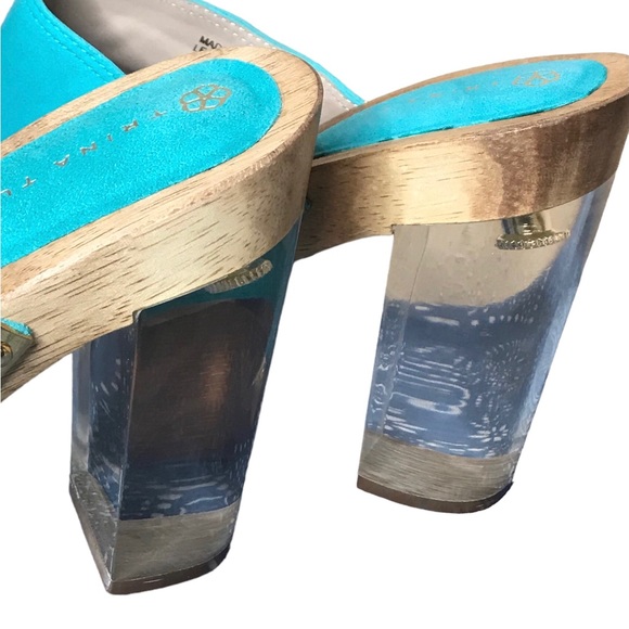 TRINA TURK Turquoise Suede Lucite Block Heel Wood Platform Mule Sandal 8.5 - Picture 8 of 10